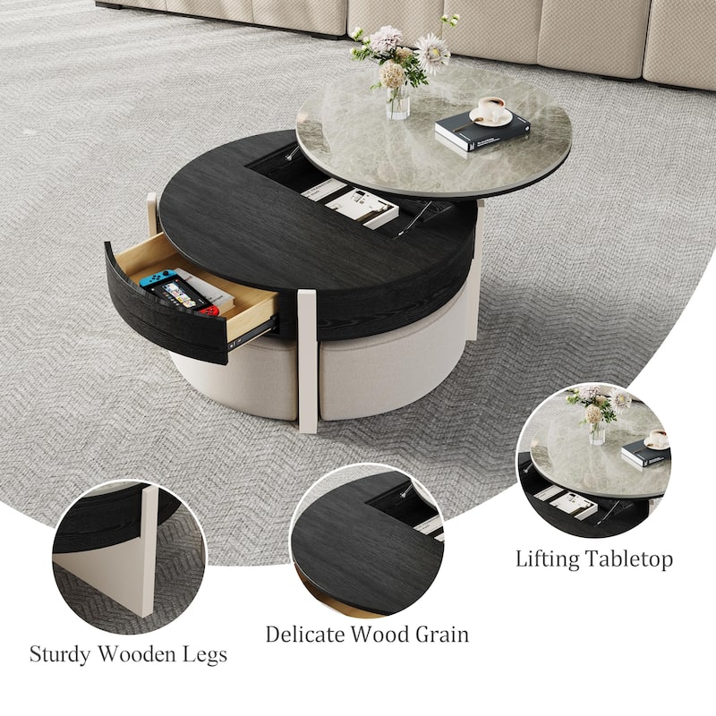 31.5" Modern Coffee Table, Lift Top Coffee Table with 3 Ottomans, Black - 31.5" X 31.5"
