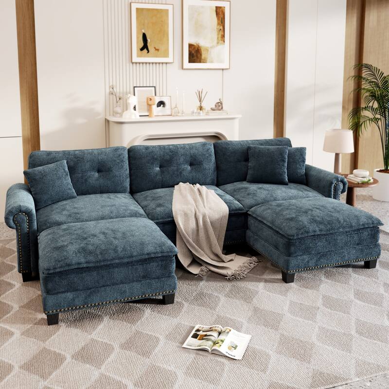 MAISON ARTS Mid-Century Modern Oversized L/U Shaped Cloud Couch with Ottoman, Deep Seat Sectional Sofa with Throw Pillows - U-Shaped Blue Chenille/5-Seater
