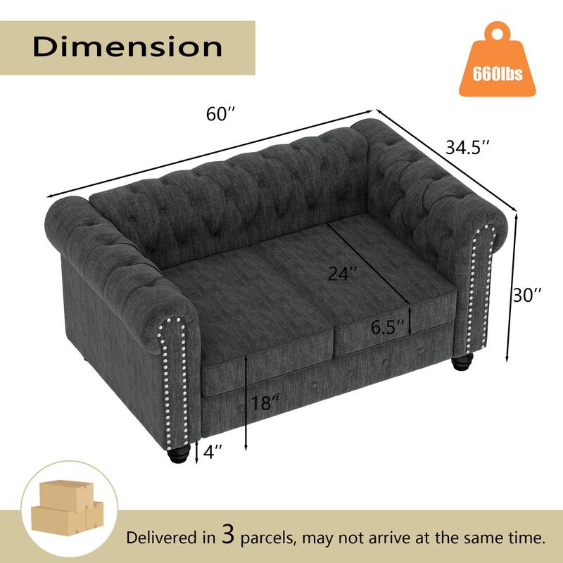 Morden Fort Tufted Upholstered Chesterfield set Loveseat, Sofa 2 PCS for Living Room, Fabric, Linen