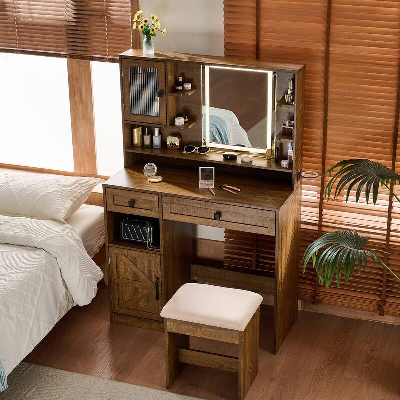 Vanity Desk with Touch Control Light Mirror, Dressing Table Set with Charging Station & Stool, Large Makeup Vanity Table