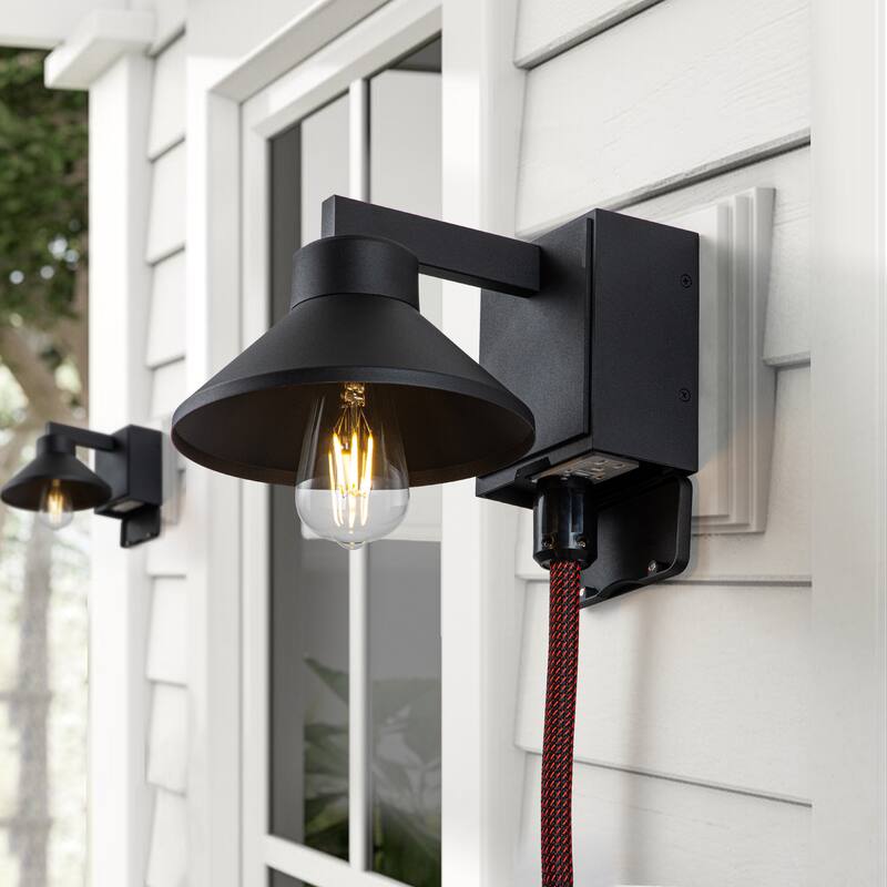 1-Light Matte Black Outdoor Barn Light Built-In GFCI Outlets