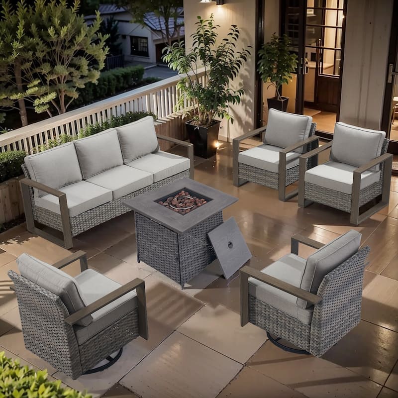 Pocassy Outdoor Fire Pit Conversation Set 3-Seat Sofa Chairs Patio Furniture Set - Grey Wicker Gray Cushion - 6-Piece Sofa Chair with Fire Table