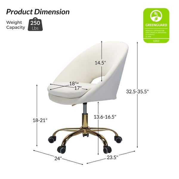dimension image slide 15 of 18, HULALA HOME Ramona Modern Velvet Height Adjustable 360 Swivel Task Chair with Metal Base