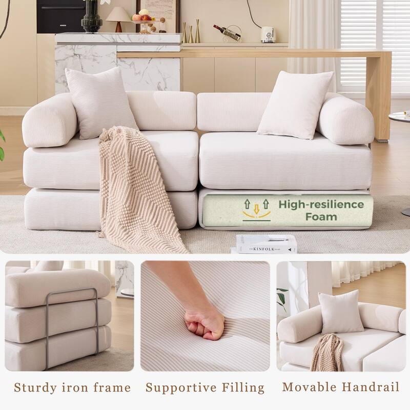 Modular Couch Sofa Bed, Convertible Design with Removable Armrests,Folding Mattress Couch for Small Spaces ,No Assembly