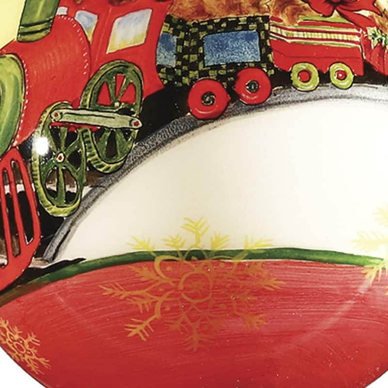Teddy on Toy Train Hand Painted Mouth Blown Glass Ornament - 4" x 4" x 4"