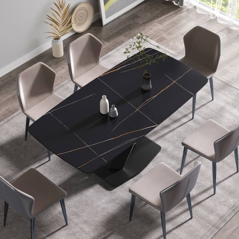 70.87"Modern artificial stone black curved black metal leg dining table-can accommodate 6-8 people