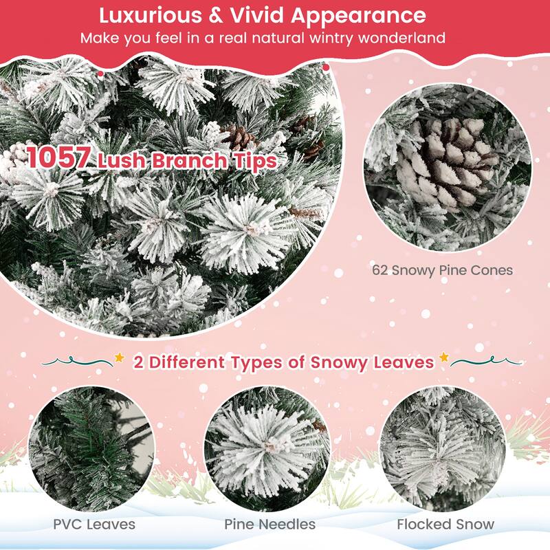 Gymax 7 FT Pre-Lit Snow-Flocked Christmas Tree Artificial Hinged Xmas