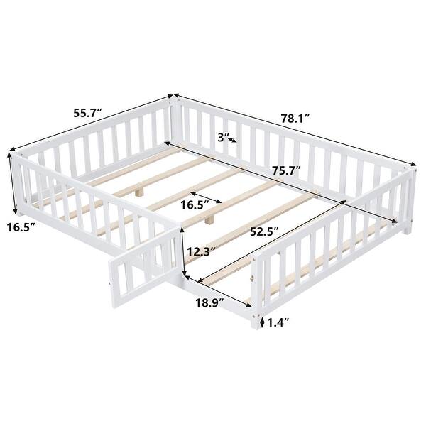dimension image slide 1 of 3, Full Size Montessori Floor Platform Bed with Fence and Door for Kids - Sturdy Wooden Bed Frame