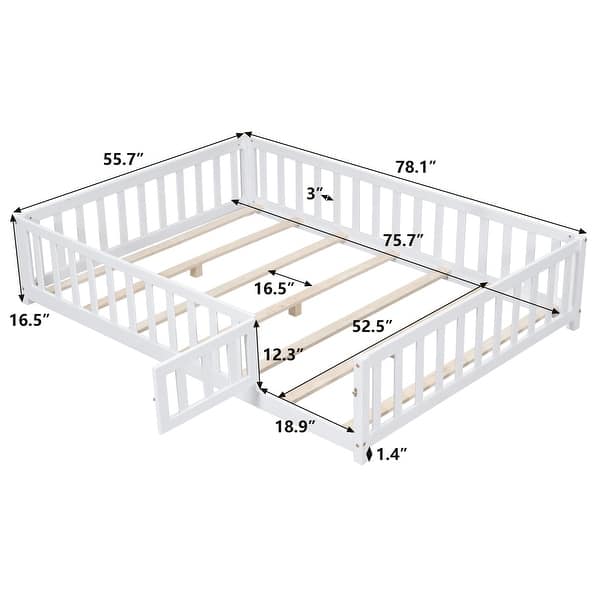 dimension image slide 0 of 2, Full size Floor Platform Bed with Fence and Door, Montessori Floor Bed Frame with Support Slats for Toddlers,Wooden Floor Bed