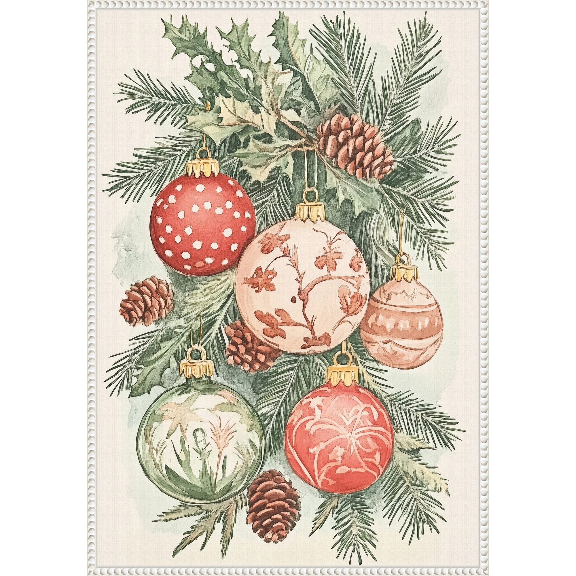 Christmas Ornaments I by Melloi Art Prints (23 x 33 in.), Framed Canvas Wall Art Print - Sylvie Beaded White