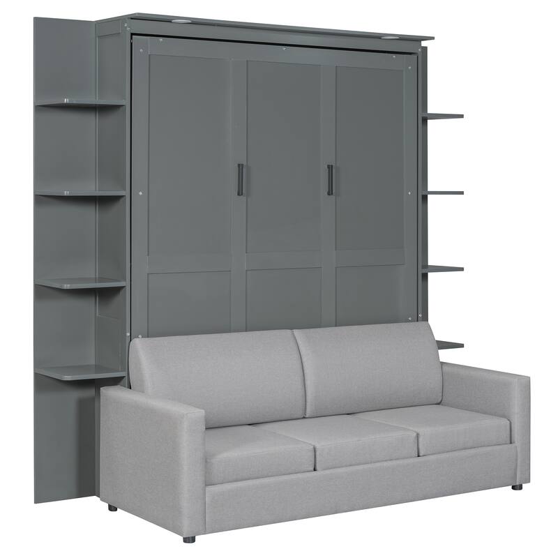 Queen Murphy Wall Bed with Built-In Sofa, Fold-Away Design, and Storage Cabinet for Space-Saving Living Spaces