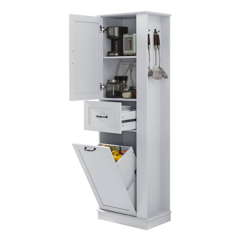 Modern Tall Storage Cabinet - Tilt-Out Compartment, Adjustable Shelves, 80LBS Capacity, Soft-Close Hinges