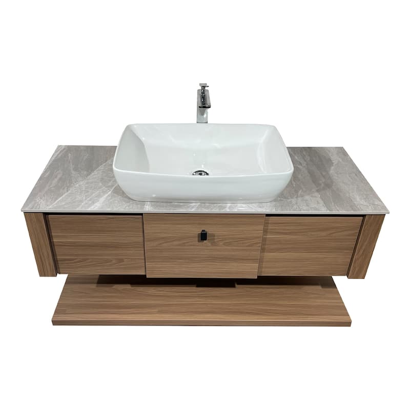 48"Mid Century Modern Wall-Mounted Bathroom Vanities,Single Sink,Brown Wood Texture with Sintered Stone Table top