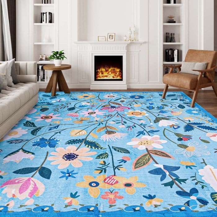 Nature Floral Non-Slip Machine Washable Colorful Modern Area Rug - Rectangle 9' x 12' - Blue