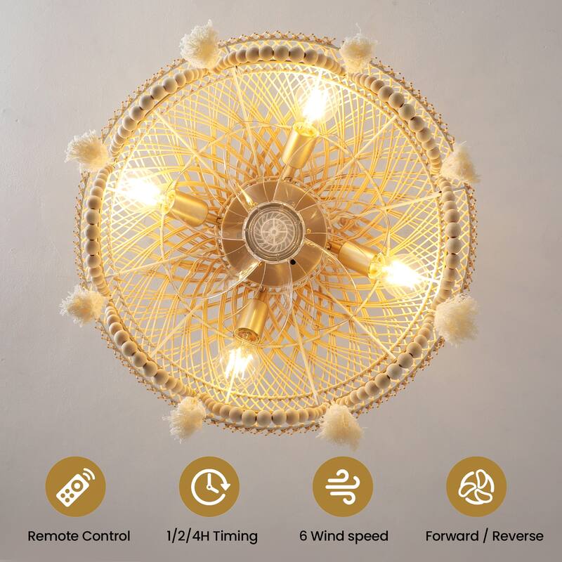 20" Boho Rattan Ceiling Fan 6-Speed Flush Mount with Light and Remote - 4-Light