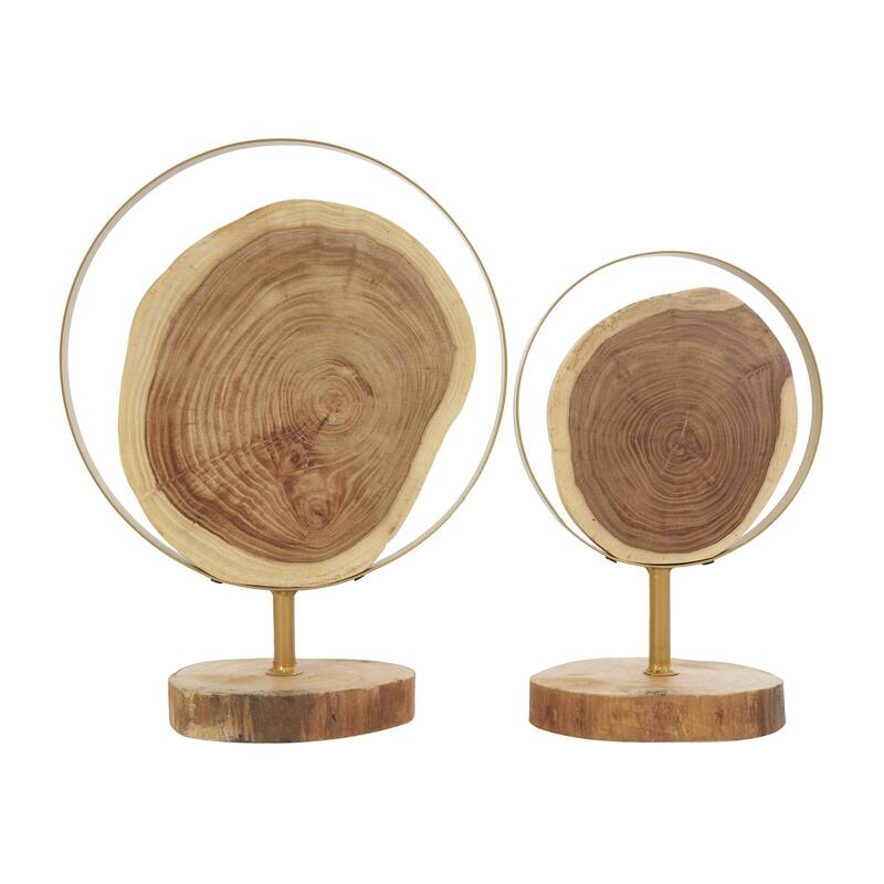 Wood Abstract Handmade Live Edge Slab Decorative Sculpture with Gold Metal Rings - Set of 2 Brown - Roche River Decor
