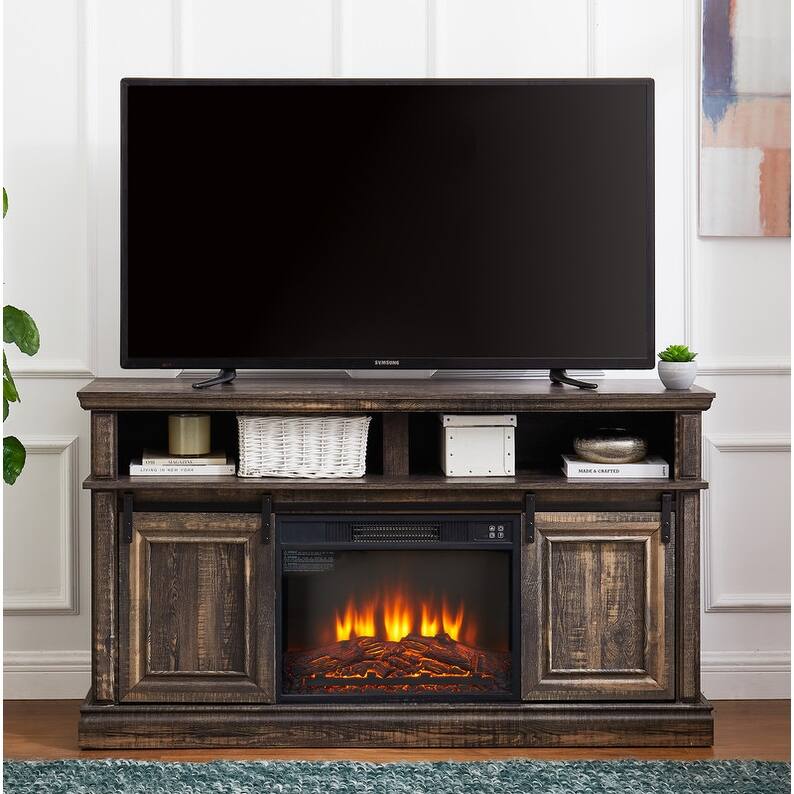Antique Brown Modern TV Stand with Built-In Fireplace & Sliding Door Storage, 58" Wide Entertainment Console