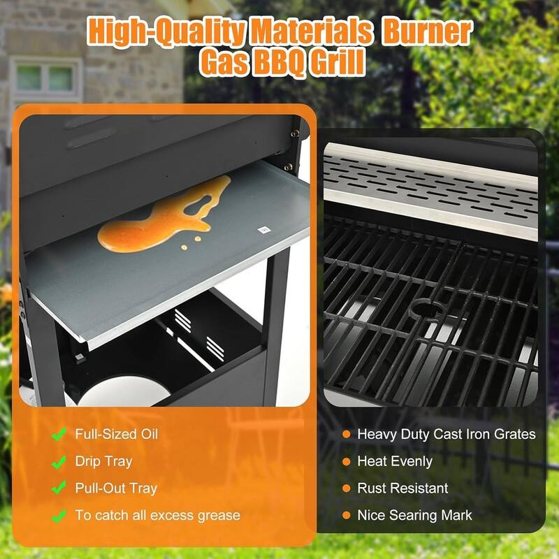 4-Burner Stainless Steel Propane Grill – Side Burner, 51K BTU, Outdoor/Camping/Backyard Barbecue – Black/Silver