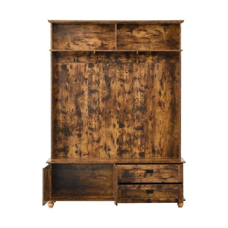 59"W Hall Tree Bench with 5 Coat Hooks,Storage Cabinet and 2 Large Drawers