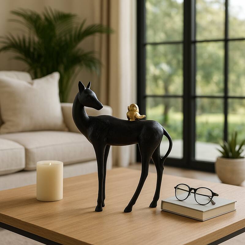 Metal Figurine Decor Modern Deer with Bird Accent Finish - Black - 11.0"