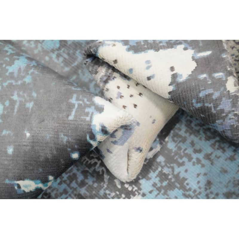 Hand Knotted Oriental Viscose Silk Carpet Modern Abstract Navy Blue & Blues Abstract Area Rug - 7' 5'' X 5' 4''