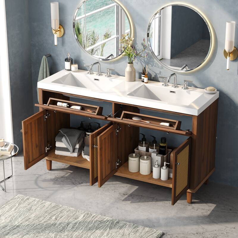Christopher Knight Home - Bellmere 60" Modern Double Sink Bathroom Vanity with SMC Sink, Soft-Close Storage, and Wood Legs