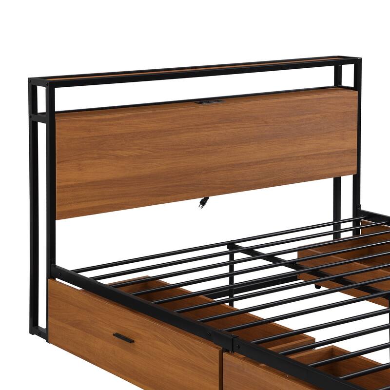 Queen Size Metal Platform Bed Frame with 4 Drawers, Sockets and USB