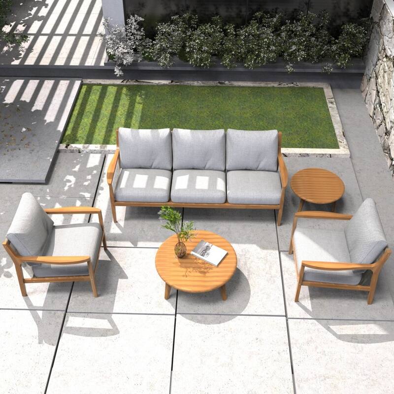 Contemporary 5-piece Outdoor Acacia Wood Conversation Sofa Set with Removable Cushions - Grey