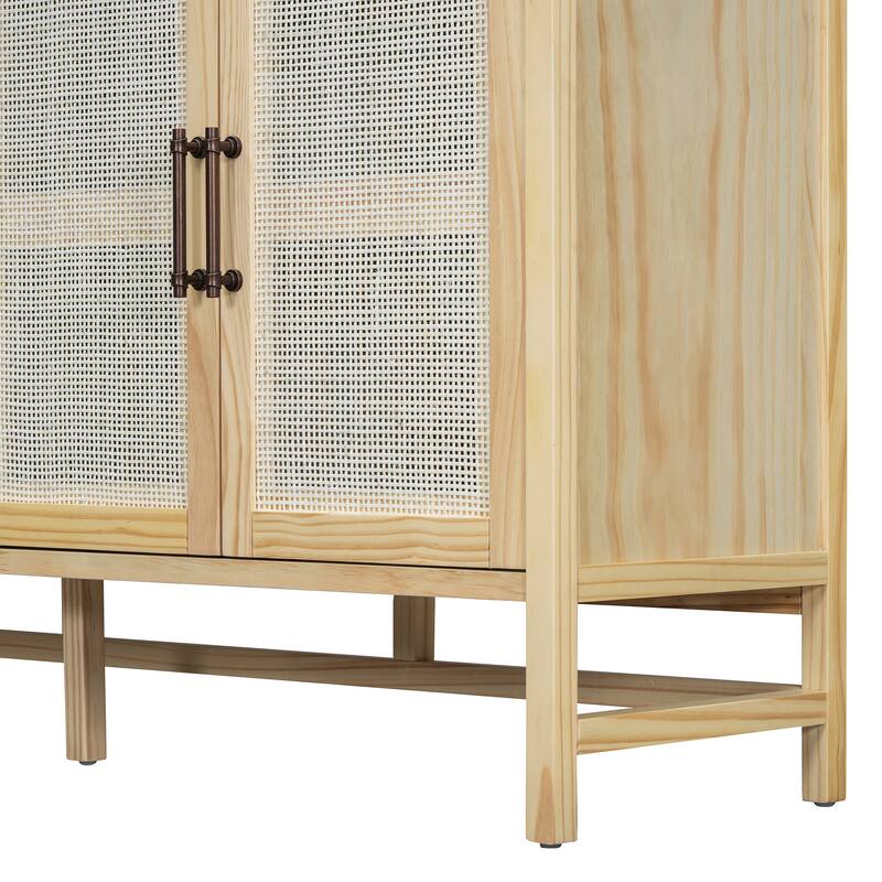 4 Doors Rattan Accent Storage Cabinet Buffet Cabinet, Solid Pine Legs