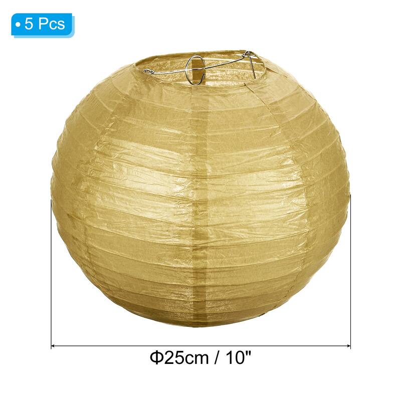5 Pcs Paper Lanterns Round Hanging Chinese/Japanese Lantern Decor - Gold Tone - 10"