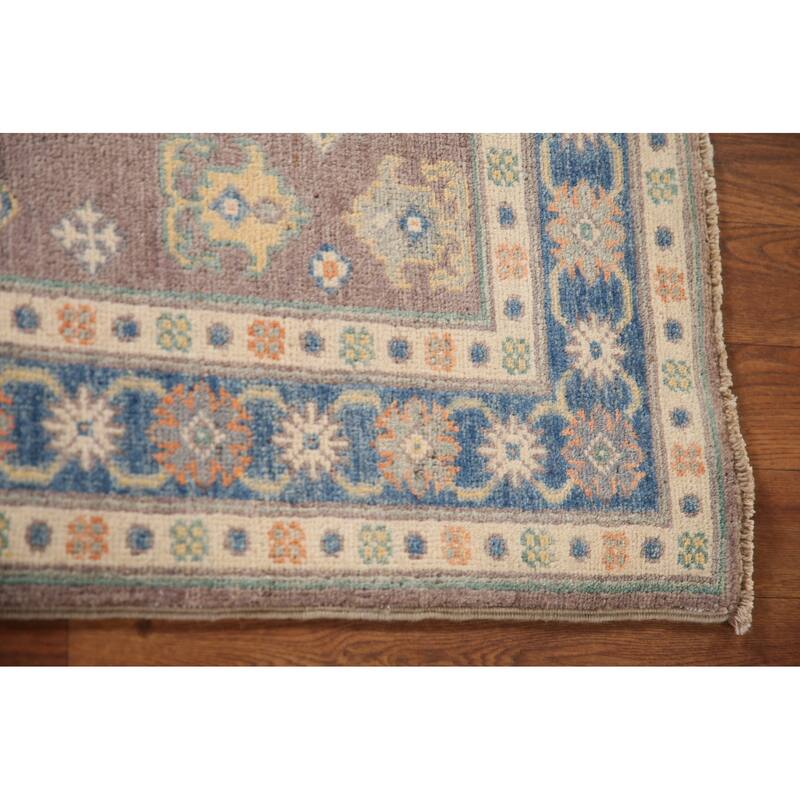 Geometric Kazak Oriental Accent Rug Hand-Knotted Beige Wool Carpet - 2'8"x 3'10"