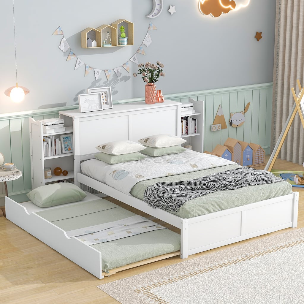 White Full Size Storage Platform Bed with Pull-Out Shelves and Twin Trundle