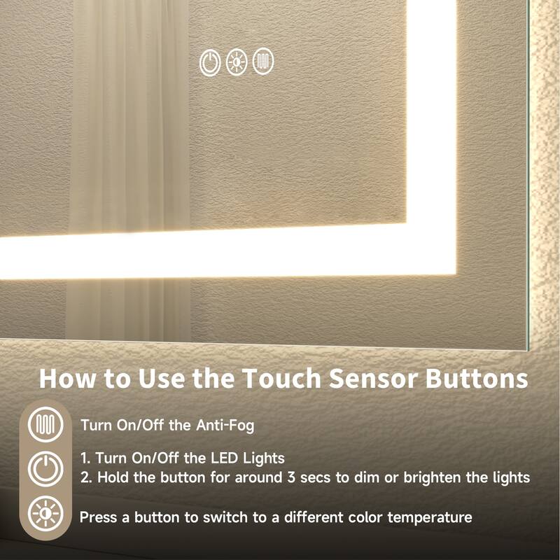 Silver Frameless LED Bathroom Mirror with Tempered Glass, Anti-Fog - 60" W x 36" H