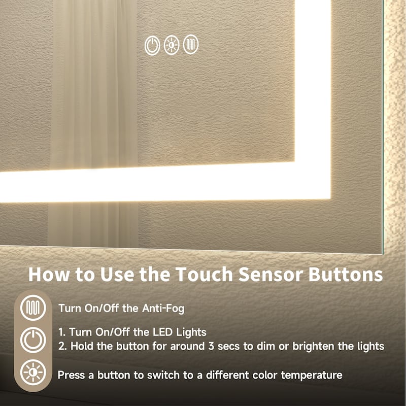 Clear Frameless LED Bathroom Mirror with Tempered Glass, Anti-Fog - 24" L x 32" H