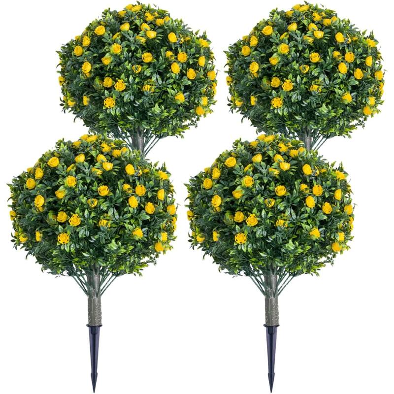 23.6" Artificial Topiary Flower with Ground Spike,Artificial Ball Trees with Rose Flowers Set of 4 - Yellow
