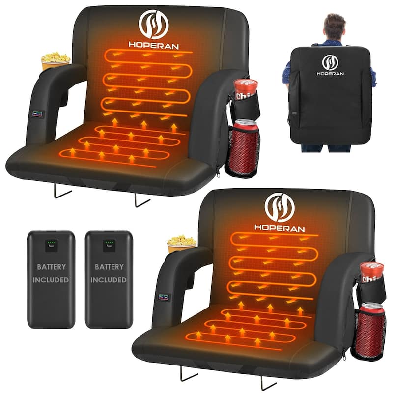 21 Inch 2 Pack Black Heated Stadium Seats for Bleachers with 20000mAh Power Bank Included Stadium Seating