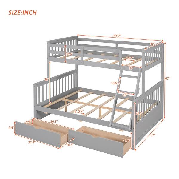 dimension image slide 2 of 4, Space-Saving Twin Over Full Bunk Bed with Drawers, Solid Wood Frame with Guardrails and Ladder, Detachable into 2 Platform Beds