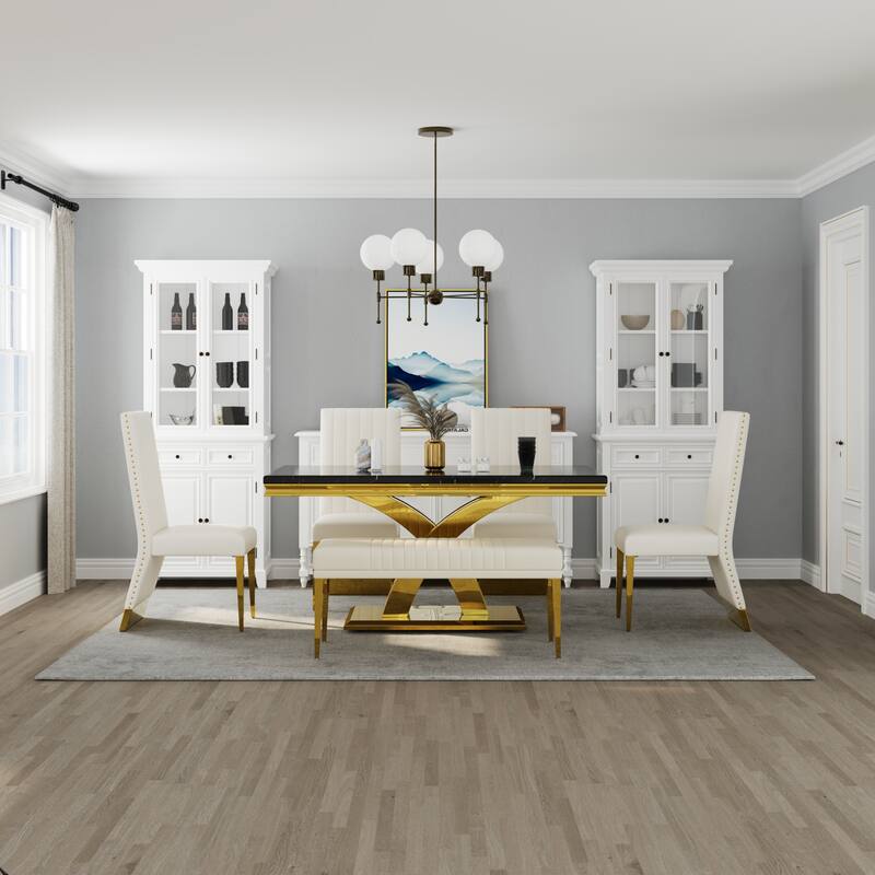 Stylish Modern X Cross Base Dining Room Table Set with Gold Dining Chairs