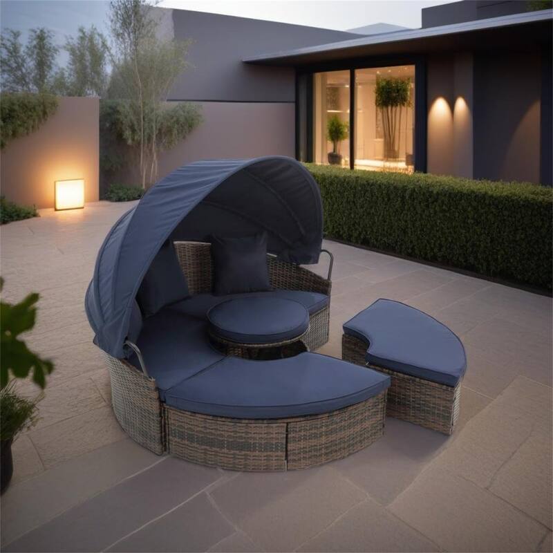 Outdoor Patio Canopy Bed Round Daybed - Navy Blue