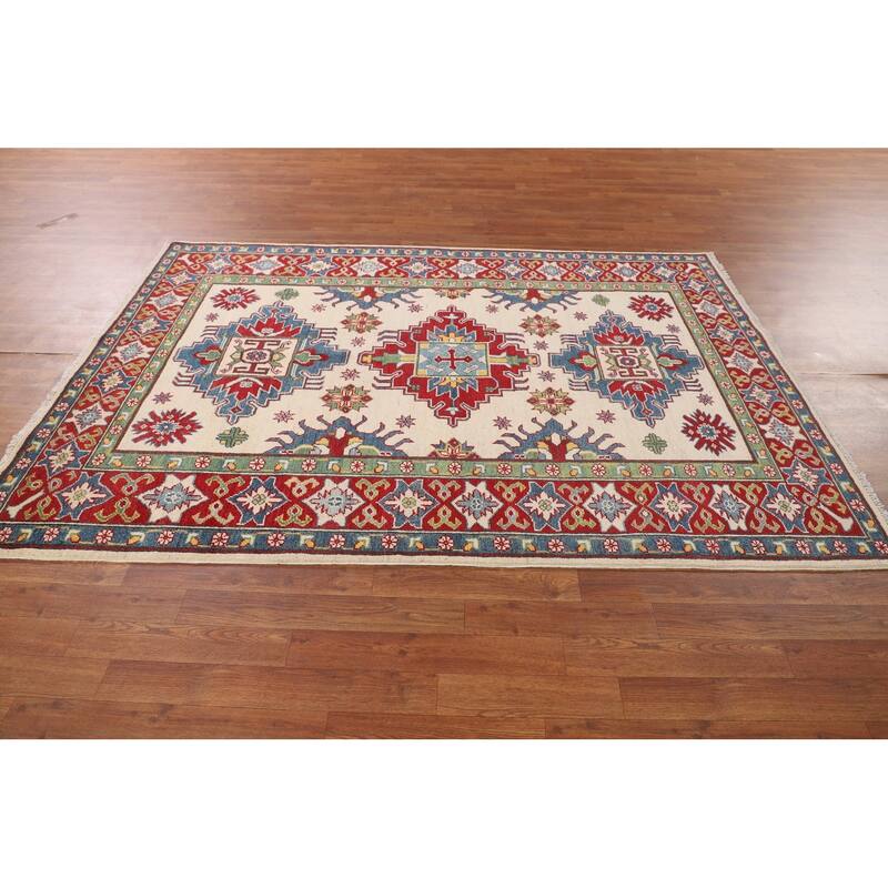 Kazak Oriental Area Rug Handmade Geometric Beige Wool Carpet - 5'0" x 7'3"