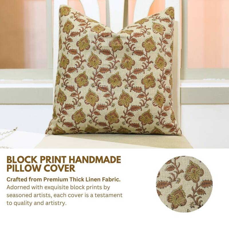 Fabdivine Floral Block Print Linen Throw for Farmhouse Dining or Bedroom Décor Brown Farmhouse Cushion Cover, Madhubala