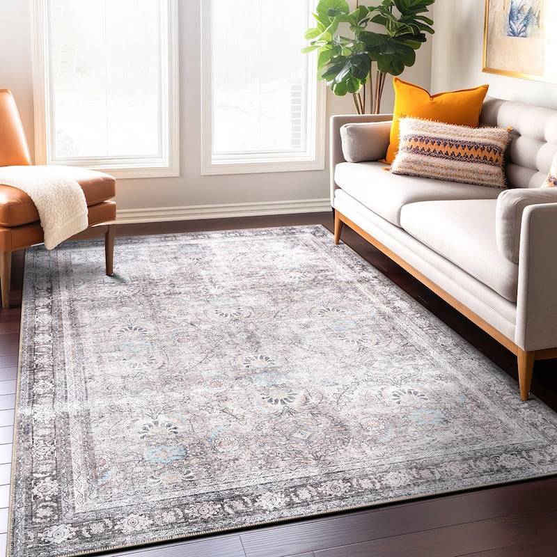 World Rug Gallery Vintage Inspired Machine Washable Non Slip Area Rug - 5' x 7' - Olive - Rectangle