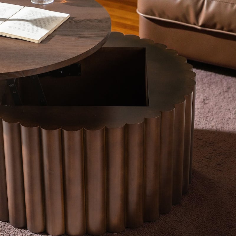 27.6'' Round Wooden Lift-Top Coffee Table with Hidden Storage, Handcrafted Relief Pedestal Tea Table for Living Room