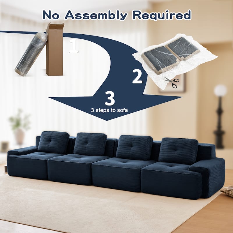 Roomfitters No Assembly Modular Sofa, 117 Inch Corduroy 3-Seater with Piping, Blue