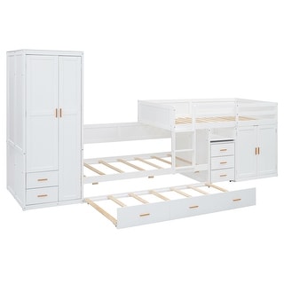 Twin Size Bunk Bed with Trundle and Versatile Desk,Wooden Bed with Wardrobe