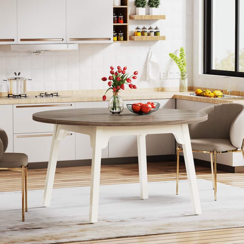47 Inch Round Dining Table for 4, Farmhouse Kitchen Table - Brown and White