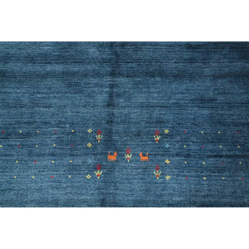 Hand Knotted Oriental Viscose Silk Carpet Tribal Animal Pictorial Navy Blue & Blues Gabbeh Area Rug - 9' 9'' X 5' 11''