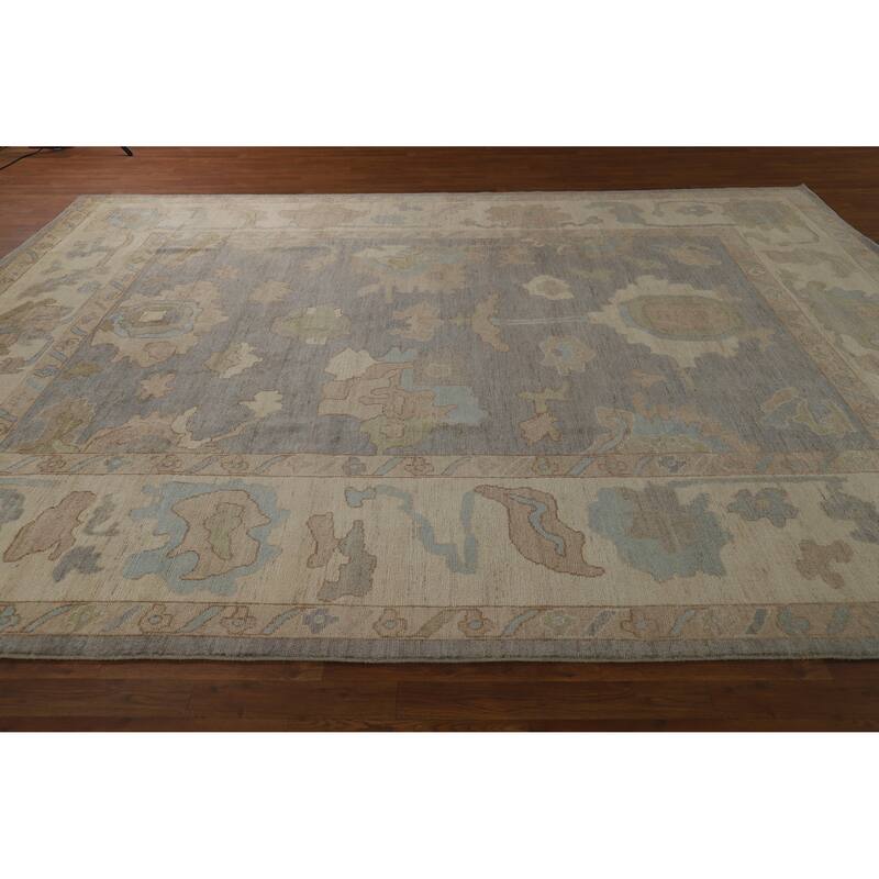 Hand Knotted Oriental 100% Wool Carpet Transitional All-Over Greys & Charcoal Oushak Area Rug - 12' 2'' X 9' 5''