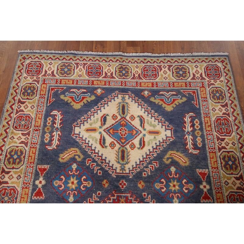 Navy Blue Kazak Area Rug Hand-Knotted Wool Carpet - 4'2" x 6'3"