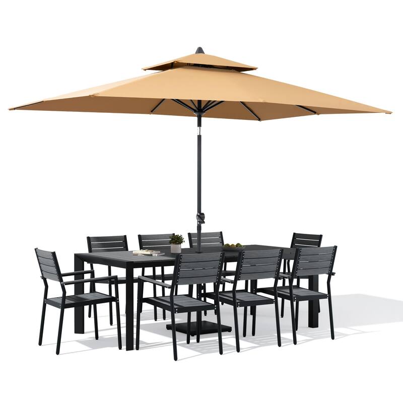9/11-Piece Outdoor Patio Dining Set Aluminum Dining Table and Stackable Chairs w/10 ft Market Umbrella and Base